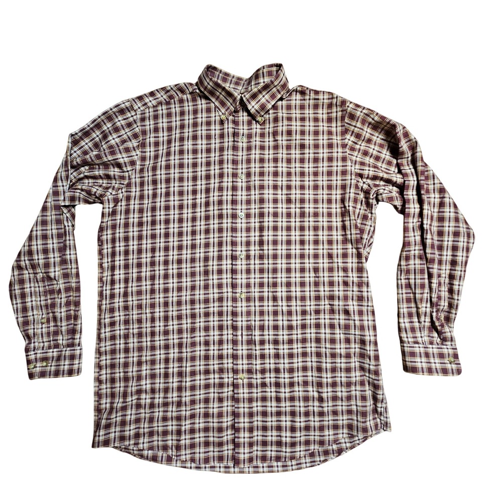 LL Bean Mens Plaid Long Sleeve Button Down Shirt L Tall Maroon Cotton Prep - Picture 1 of 7